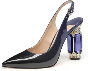 JANSEVEN Women Chunky Heels Pumps Crystal Block Heels with Rhinestones Pointed Toe Sexy Gradient Patent Leather Slip on Bridal Party Wedding Dress Shoes 5-13 M US