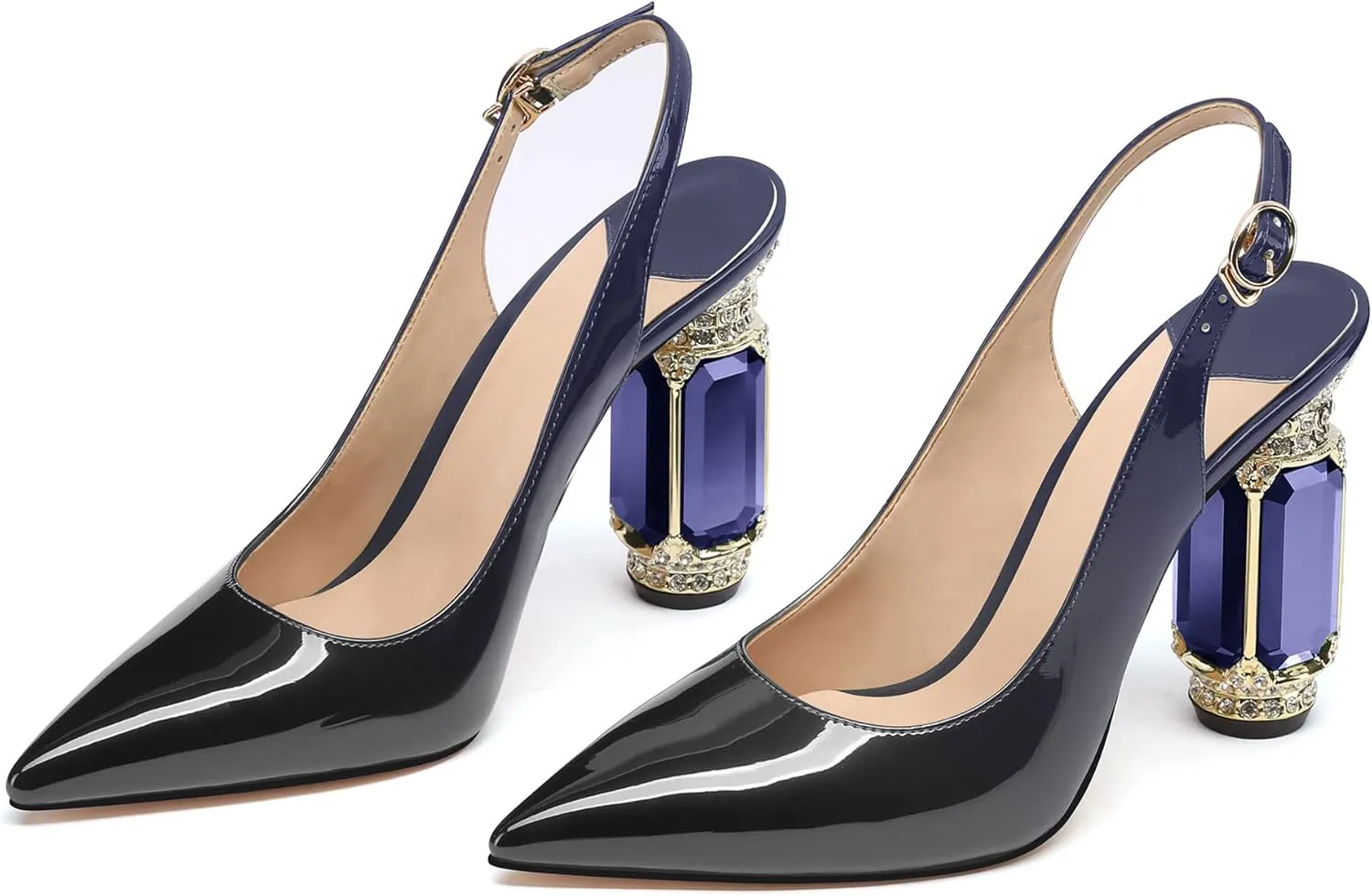 JANSEVEN Women Chunky Heels Pumps Crystal Block Heels with Rhinestones Pointed Toe Sexy Gradient Patent Leather Slip on Bridal Party Wedding Dress Shoes 5-13 M US