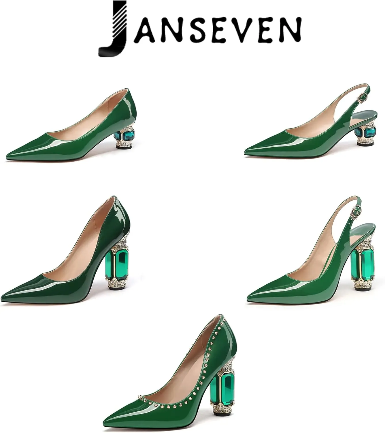 JANSEVEN Women Chunky Heels Pumps Crystal Block Heels with Rhinestones Pointed Toe Sexy Gradient Patent Leather Slip on Bridal Party Wedding Dress Shoes Size 5-13 US