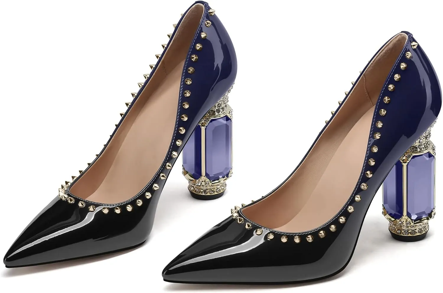 JANSEVEN Women Chunky Heels Pumps Crystal Block Heels with Rhinestones Rivet Pointed Toe Sexy Gradient Patent Leather Slip on Bridal Party Wedding Dress Shoes 5-13 M US