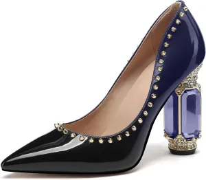 JANSEVEN Women Chunky Heels Pumps Crystal Block Heels with Rhinestones Rivet Pointed Toe Sexy Gradient Patent Leather Slip on Bridal Party Wedding Dress Shoes 5-13 M US
