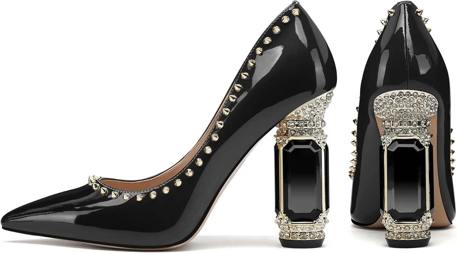 JANSEVEN Women Chunky Heels Pumps Crystal Block Heels with Rhinestones Rivet Pointed Toe Sexy Gradient Patent Leather Slip on Bridal Party Wedding Dress Shoes 5-13 M US