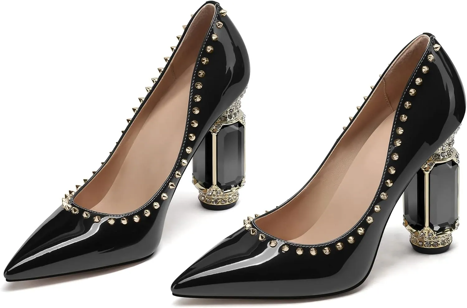 JANSEVEN Women Chunky Heels Pumps Crystal Block Heels with Rhinestones Rivet Pointed Toe Sexy Gradient Patent Leather Slip on Bridal Party Wedding Dress Shoes 5-13 M US