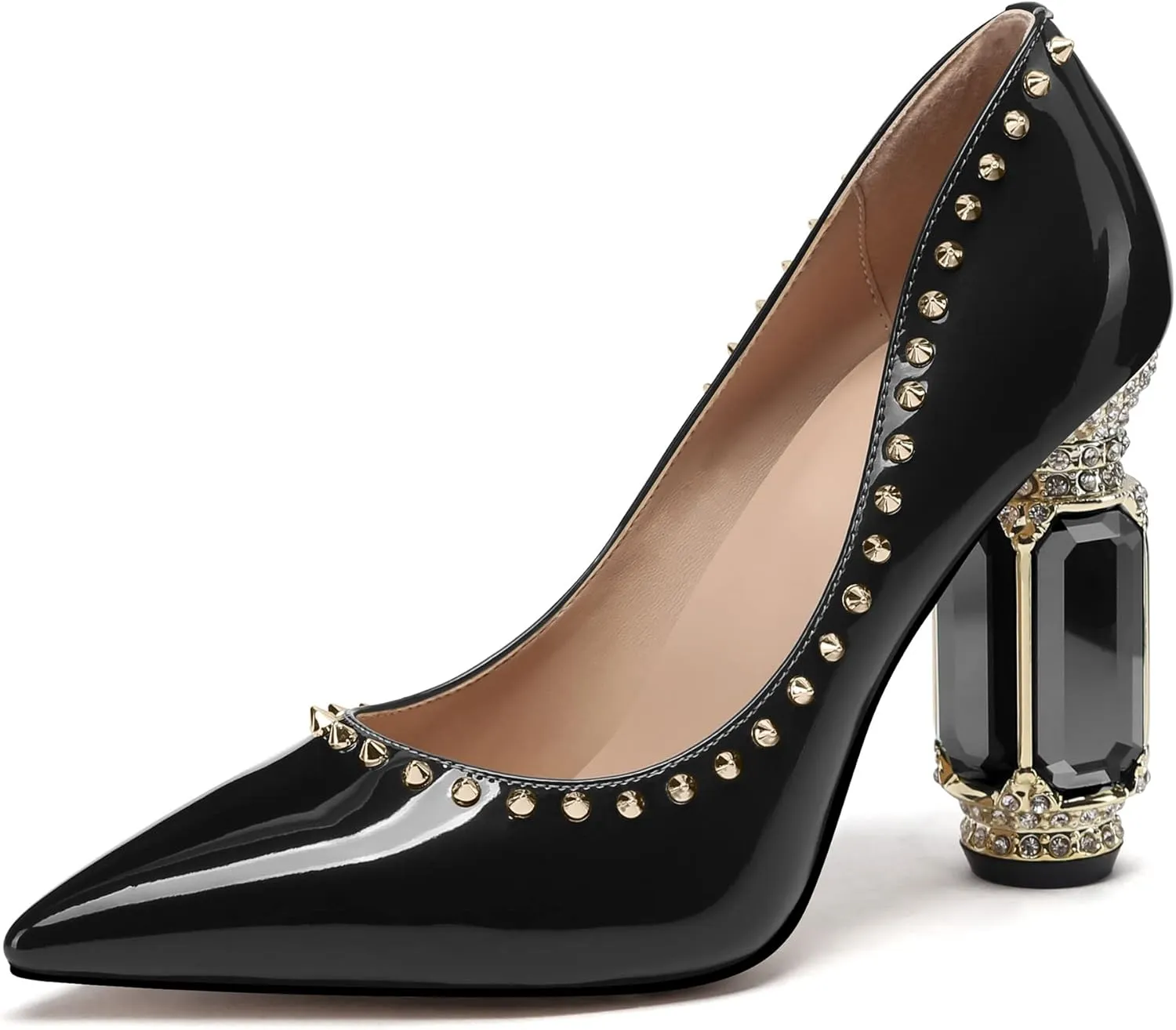 JANSEVEN Women Chunky Heels Pumps Crystal Block Heels with Rhinestones Rivet Pointed Toe Sexy Gradient Patent Leather Slip on Bridal Party Wedding Dress Shoes 5-13 M US