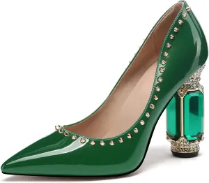 JANSEVEN Women Chunky Heels Studded Pumps Emerald Green Crystal Block Rivet Heels with Rhinestones 4 Inches Pointed Toe Sexy Patent Leather Slip on Bridal Party Wedding Dress Shoes US Size 10