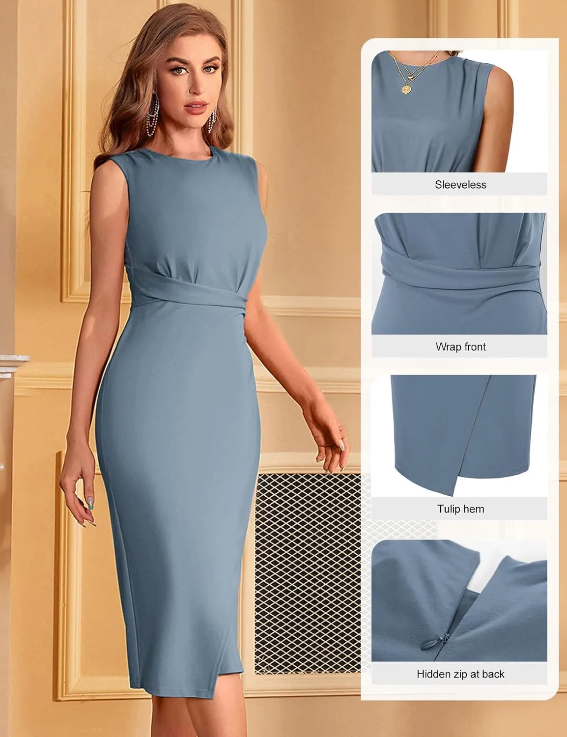 JASAMBAC Women's Sleeveless Tank Wrap Dress Midi Retro Wedding Cocktail Party Dress Ruched Club Evening Night Pencil Dresses
