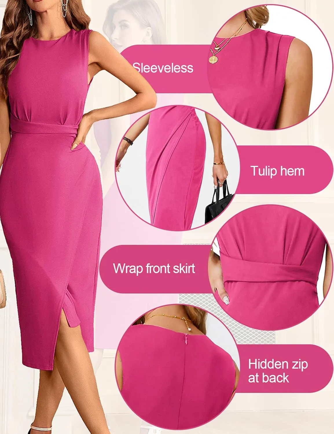 JASAMBAC Women's Sleeveless Tank Wrap Dress Midi Retro Wedding Cocktail Party Dress Ruched Club Evening Night Pencil Dresses