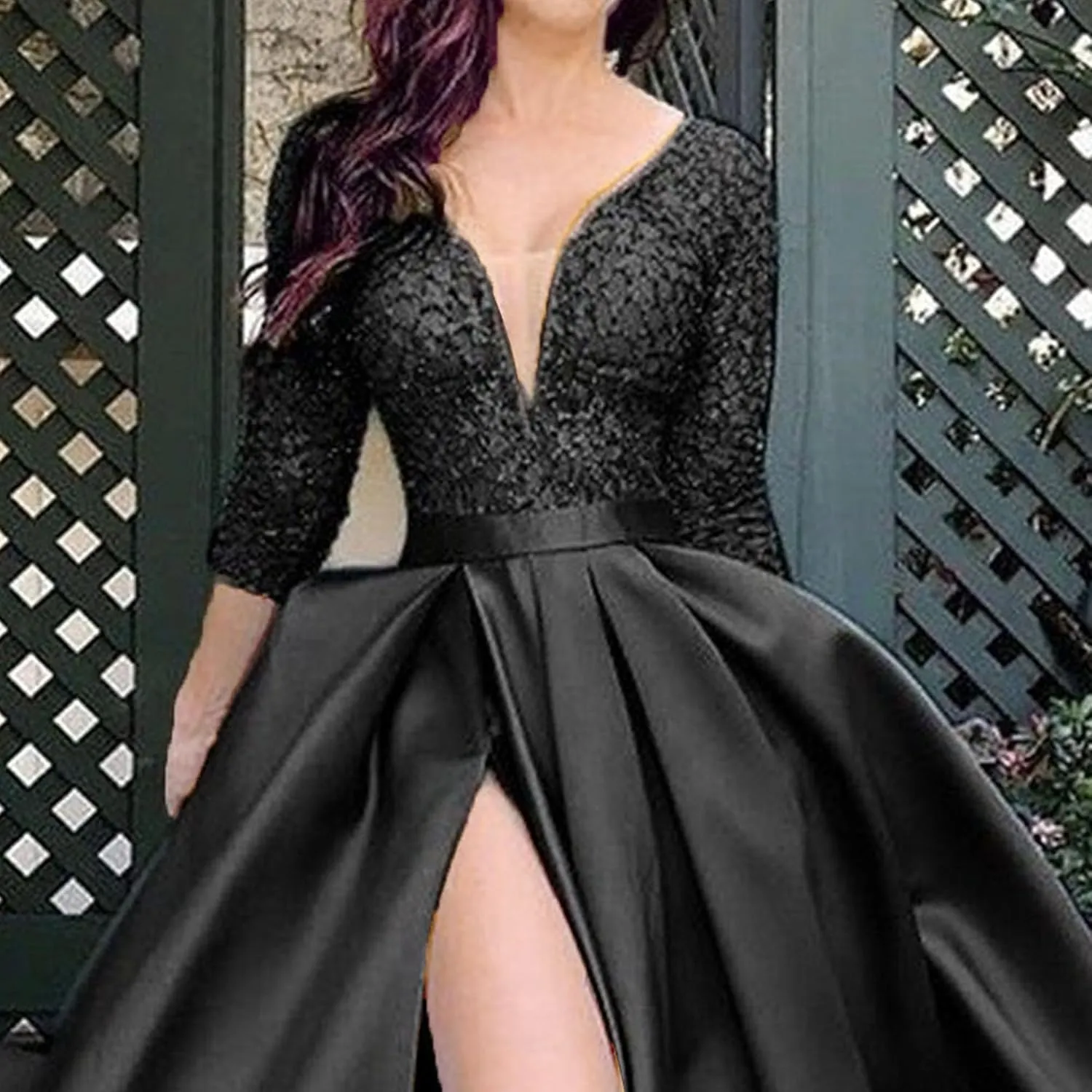 JEKE-DG Women's High Slit Slim Fit Cocktail Party Dress Deep V Neck Elegant Wedding Dress Flowy Solid Comfort Dresses