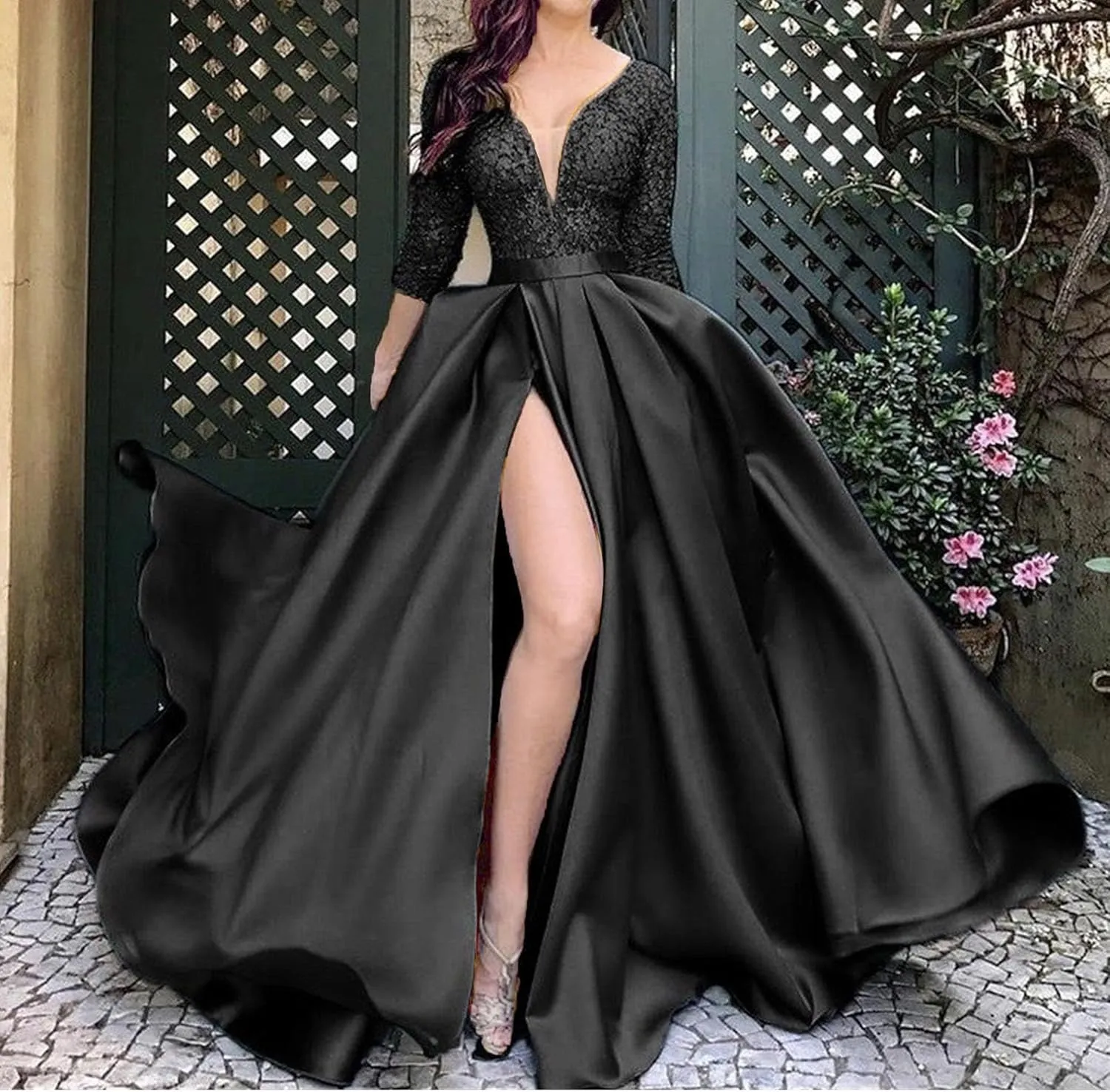 JEKE-DG Women's High Slit Slim Fit Cocktail Party Dress Deep V Neck Elegant Wedding Dress Flowy Solid Comfort Dresses