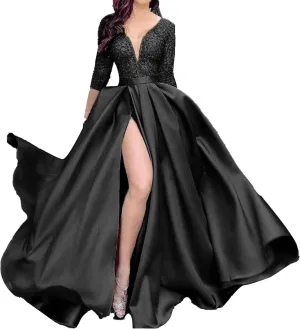 JEKE-DG Women's High Slit Slim Fit Cocktail Party Dress Deep V Neck Elegant Wedding Dress Flowy Solid Comfort Dresses
