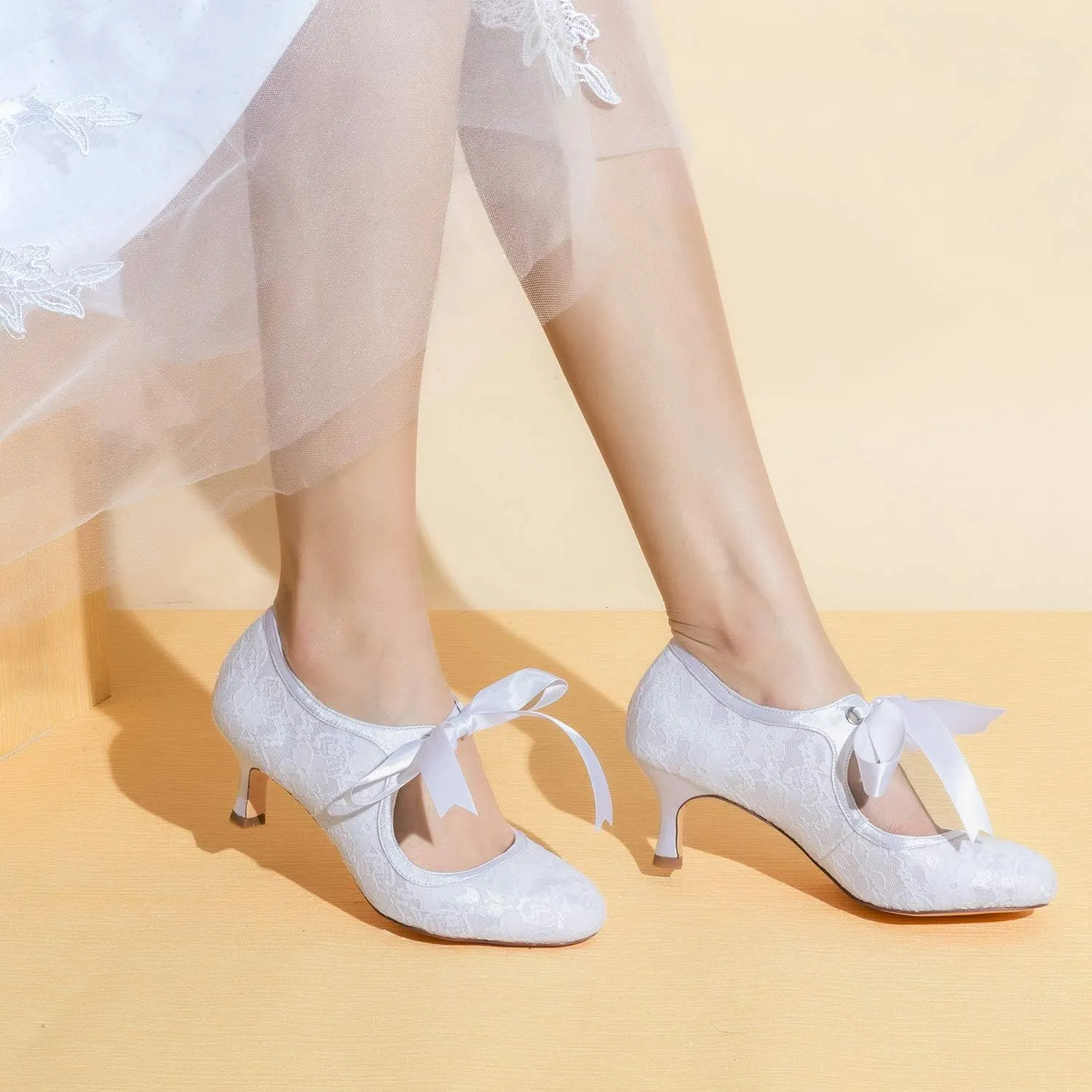 JIAJIA 140311 Women's Bridal Shoes Closed Toe Stiletto Heel Lace Satin Pumps Ribbon Tie Wedding Shoes
