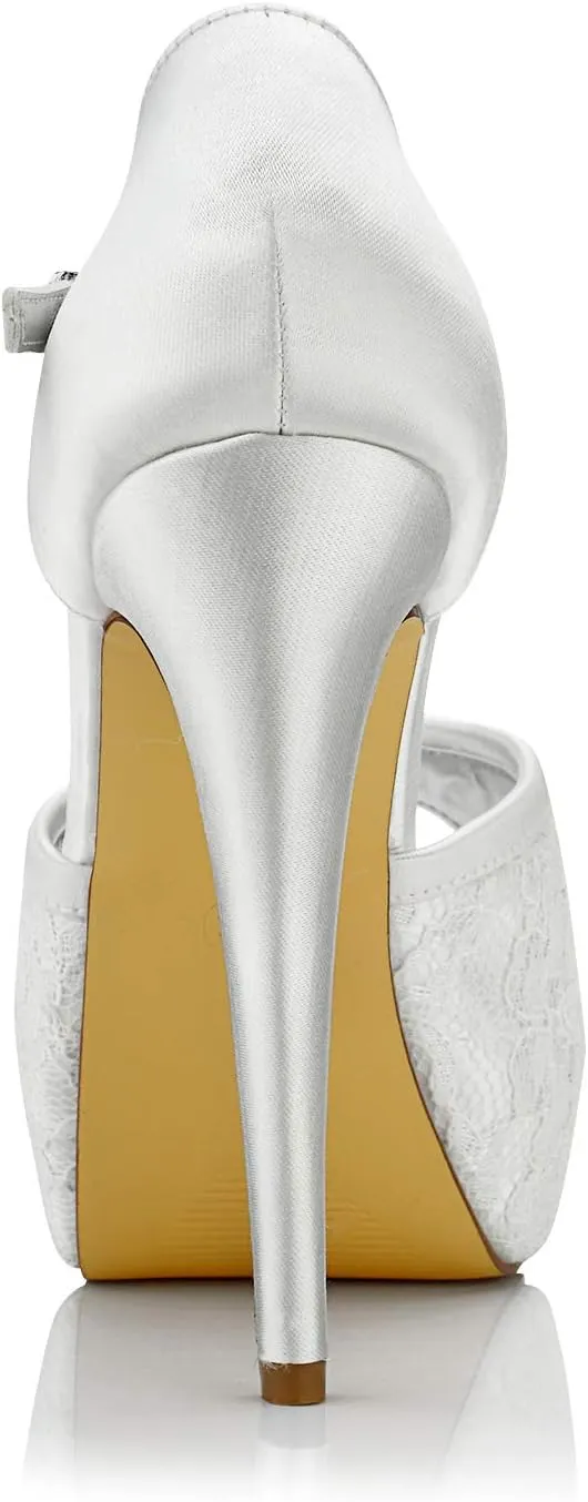 JIAJIA K20128A Women's Bridal Shoes Peep Toe Stiletto High Heel T-bar Dyeable Lace Satin Pumps Wedding Shoes