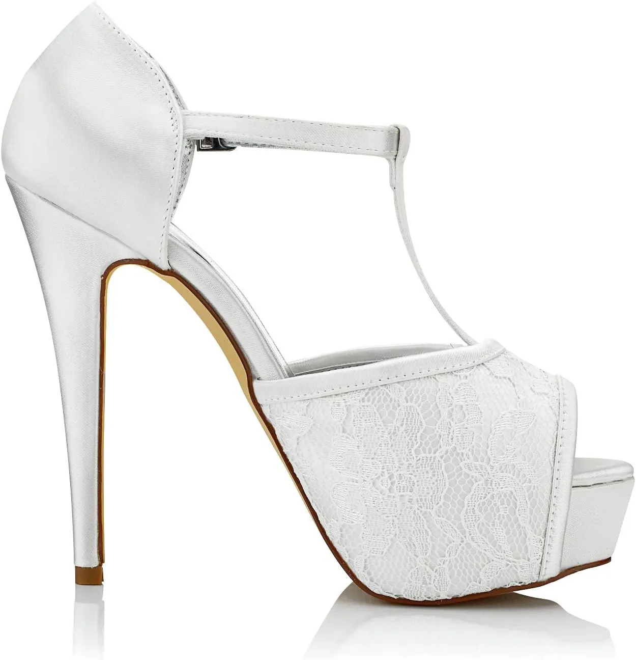 JIAJIA K20128A Women's Bridal Shoes Peep Toe Stiletto High Heel T-bar Dyeable Lace Satin Pumps Wedding Shoes