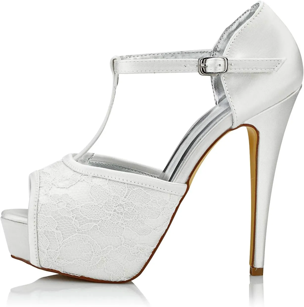 JIAJIA K20128A Women's Bridal Shoes Peep Toe Stiletto High Heel T-bar Dyeable Lace Satin Pumps Wedding Shoes