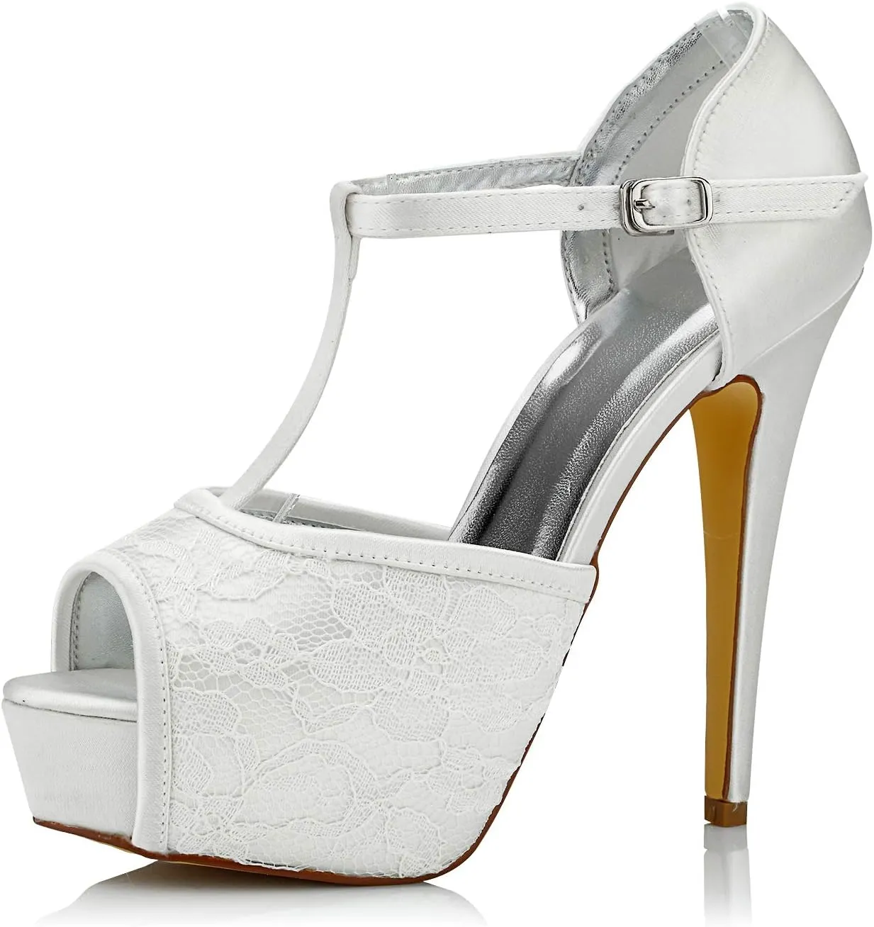 JIAJIA K20128A Women's Bridal Shoes Peep Toe Stiletto High Heel T-bar Dyeable Lace Satin Pumps Wedding Shoes
