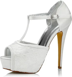 JIAJIA K20128A Women's Bridal Shoes Peep Toe Stiletto High Heel T-bar Dyeable Lace Satin Pumps Wedding Shoes