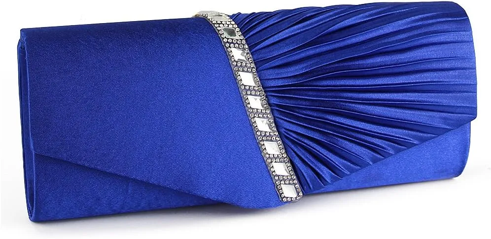 JIAN YA NA Womens Pleated Crystal-Studded Satin Handbag Evening Clutch Bags for Party Wedding Prom Cocktail