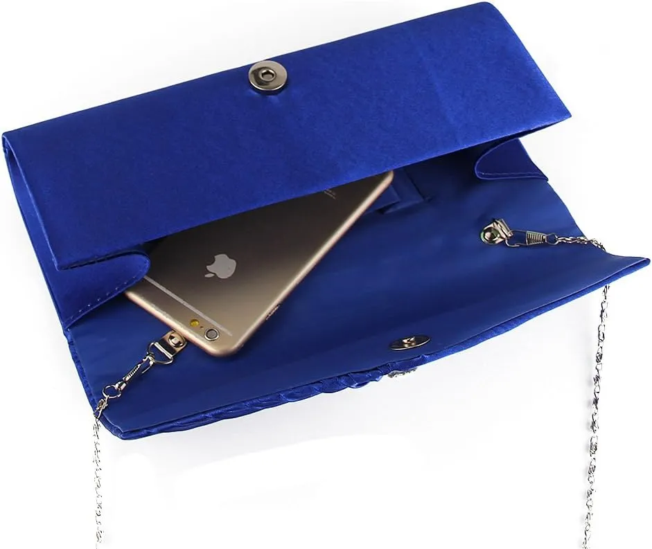 JIAN YA NA Womens Pleated Crystal-Studded Satin Handbag Evening Clutch Bags for Party Wedding Prom Cocktail