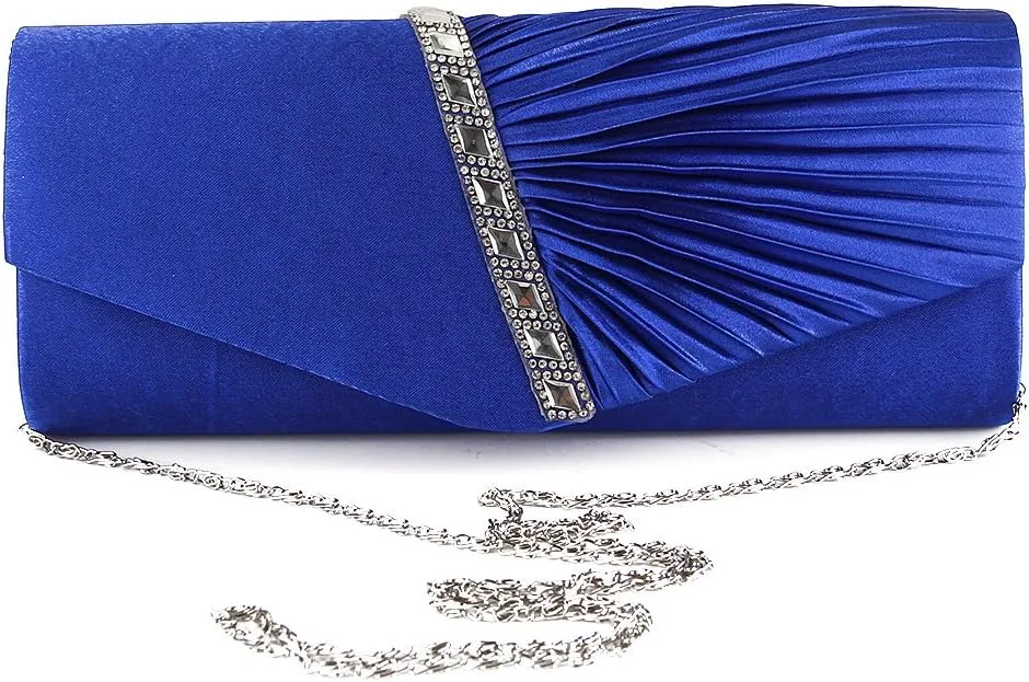 JIAN YA NA Womens Pleated Crystal-Studded Satin Handbag Evening Clutch Bags for Party Wedding Prom Cocktail