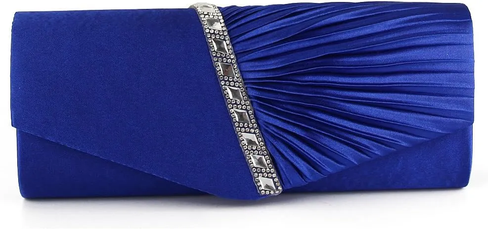 JIAN YA NA Womens Pleated Crystal-Studded Satin Handbag Evening Clutch Bags for Party Wedding Prom Cocktail