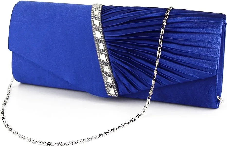 JIAN YA NA Womens Pleated Crystal-Studded Satin Handbag Evening Clutch Bags for Party Wedding Prom Cocktail