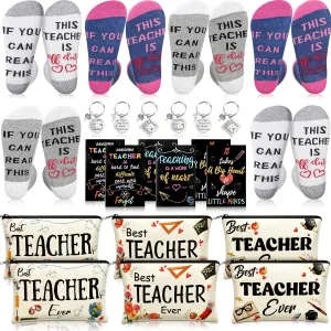 Jiuguva 24 Pcs Teacher Appreciation Gifts Bulk Makeup Bag for Women Funny Keychain Inspirational Notebook If You Can Read This Socks Thank You Gifts Teacher's Day Supplies