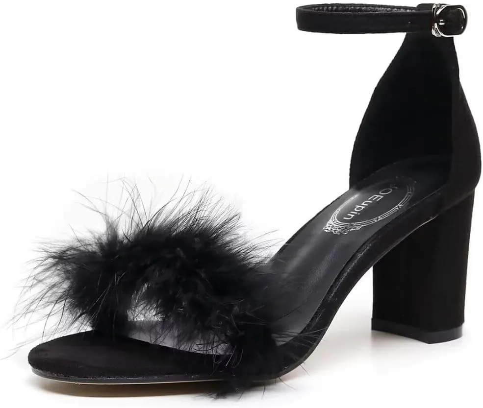 JOEupin Women's Ankle Strap Fluffy Feather Ankle Strap Block Heels Sandals Party Evening High Heel Pump Shoes 2.75"