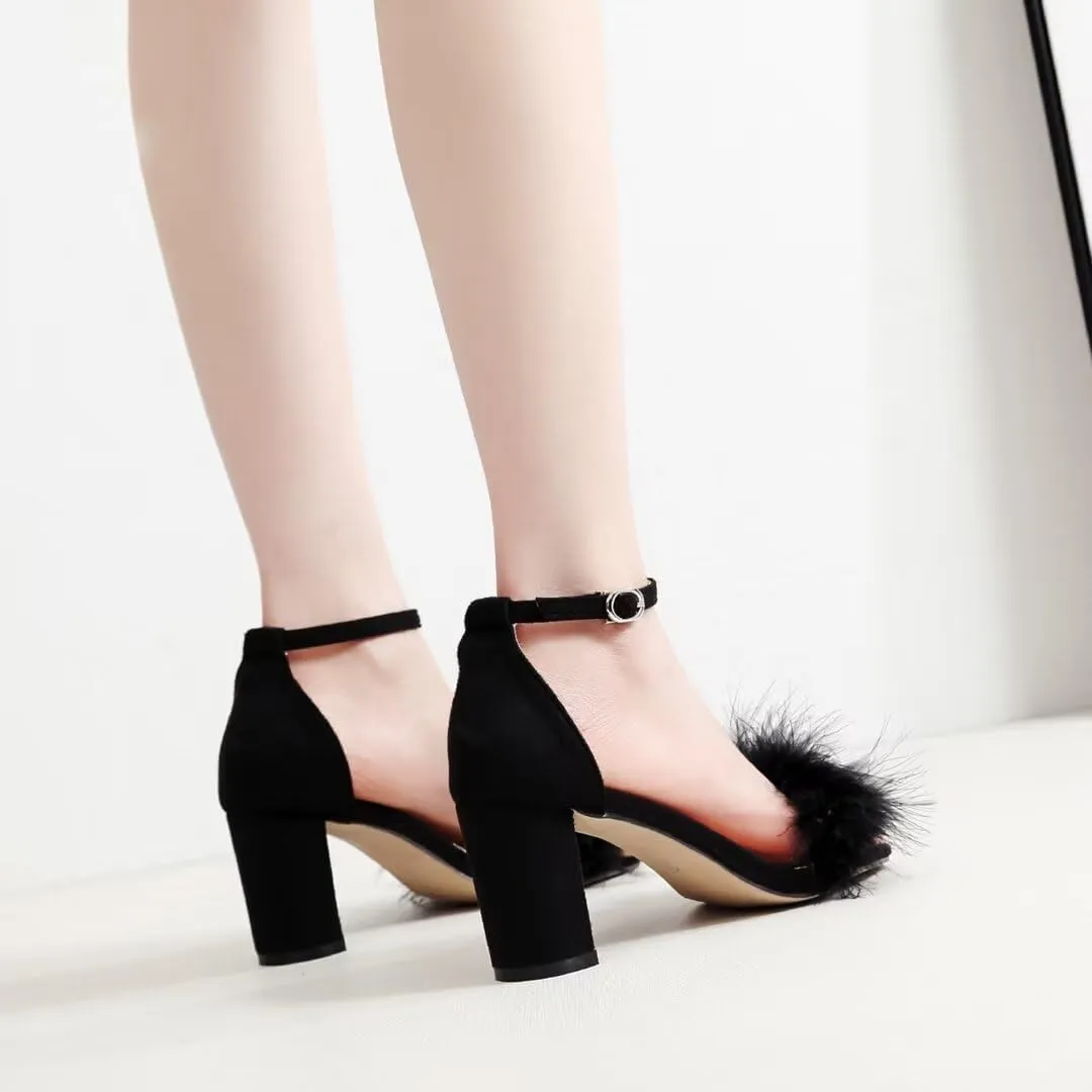JOEupin Women's Ankle Strap Fluffy Feather Ankle Strap Block Heels Sandals Party Evening High Heel Pump Shoes 2.75"