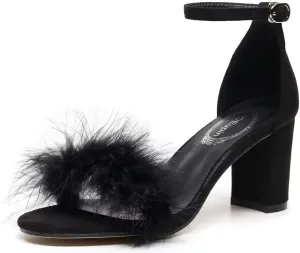 JOEupin Women's Ankle Strap Fluffy Feather Ankle Strap Block Heels Sandals Party Evening High Heel Pump Shoes 2.75"