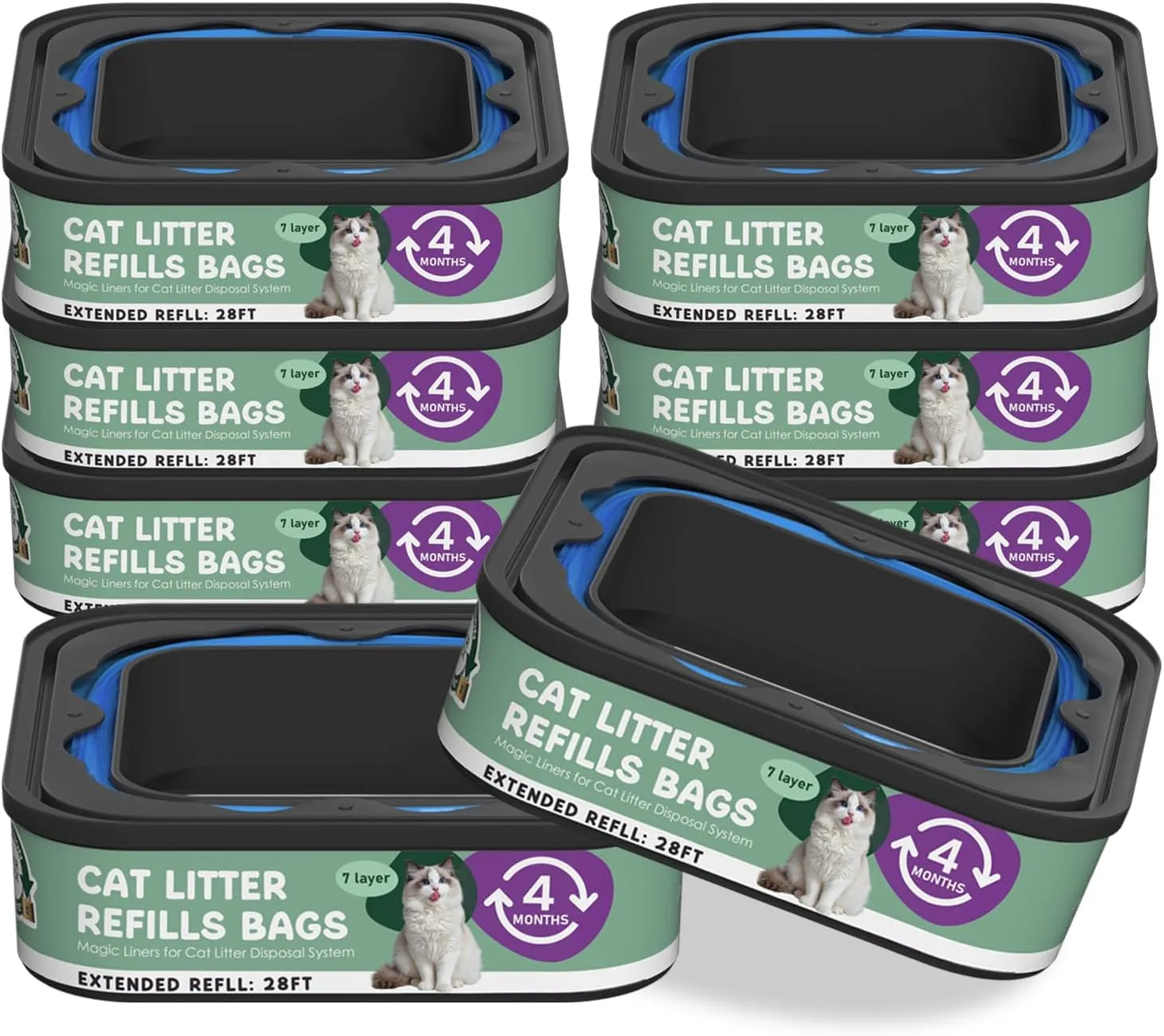 Jumbo Cat Litter Refill Bags Cartridge 28FT 8 Pack, Compatible with Litter Cat Genie Standard, Plus, XL, XL  Pail Refills, 7-Layer Odor Control Pet Waste Bags
