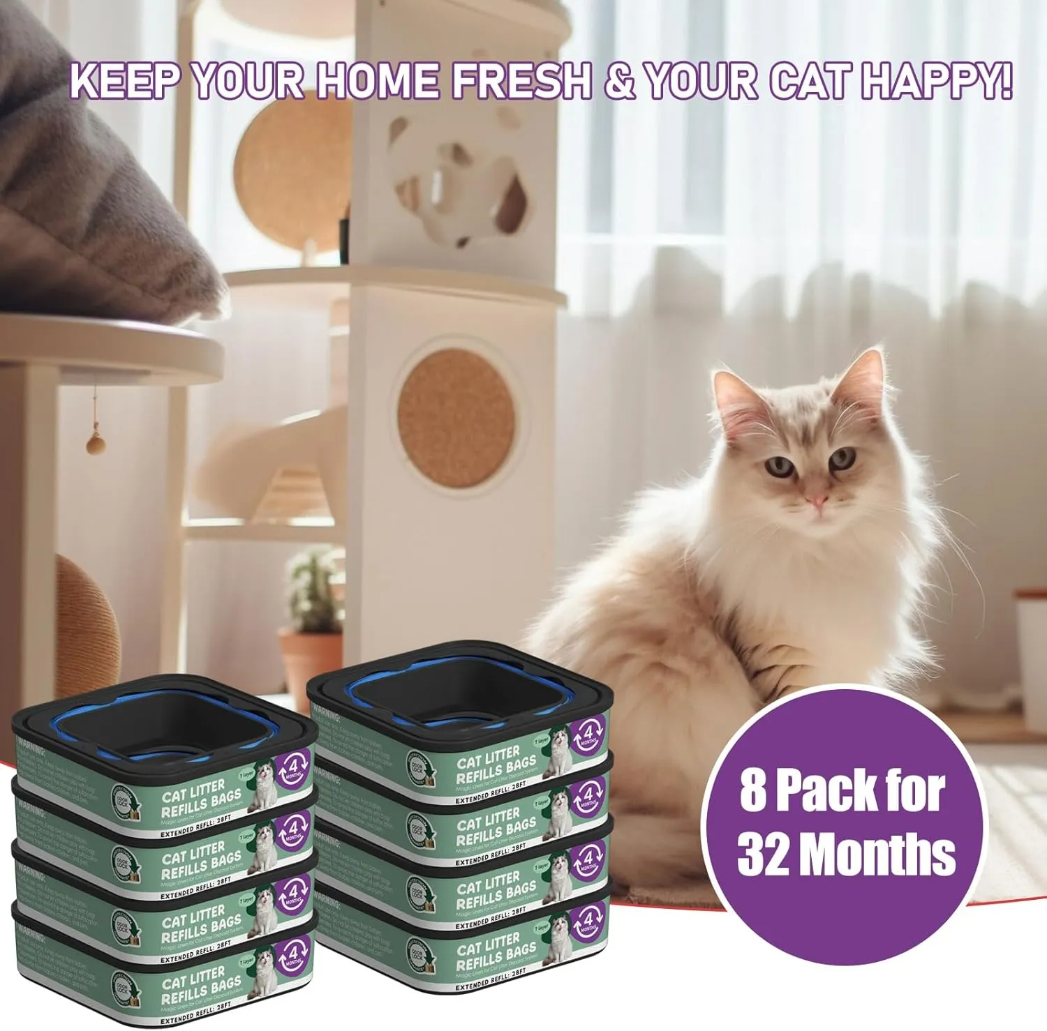 Jumbo Cat Litter Refill Bags Cartridge 28FT 8 Pack, Compatible with Litter Cat Genie Standard, Plus, XL, XL  Pail Refills, 7-Layer Odor Control Pet Waste Bags