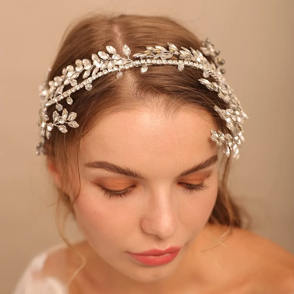 Jumwrit Rhinestone Wedding Headband Handmade Crystal Headband Bridal Headpiece Party Hair Accessories for Wedding Bride Bridesmaid（Silver）