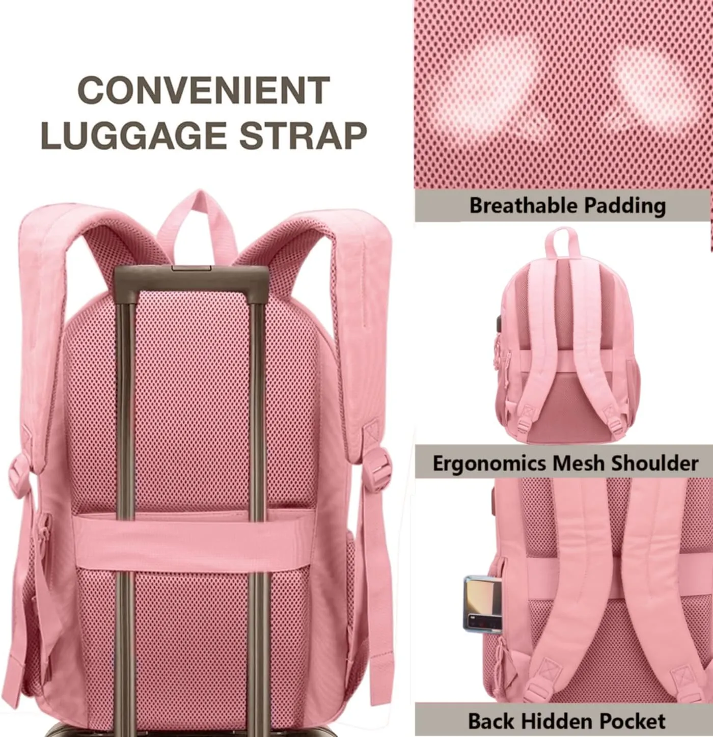 KEOFID Classic Travel backpack for Men and Women, Anti Theft Laptop Backpack with USB Charging Port for Work, Large Bag for College, Water Resistent(Bright Pink)