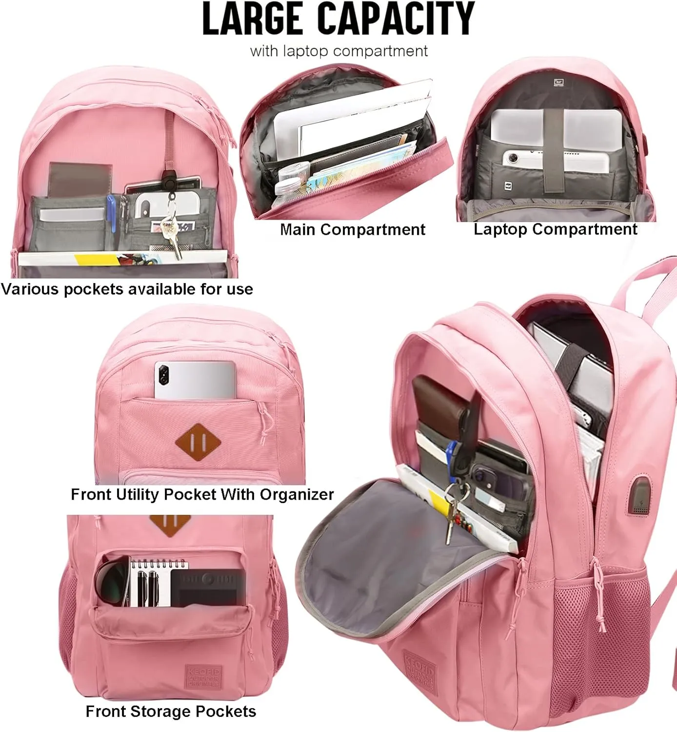 KEOFID Classic Travel backpack for Men and Women, Anti Theft Laptop Backpack with USB Charging Port for Work, Large Bag for College, Water Resistent(Bright Pink)