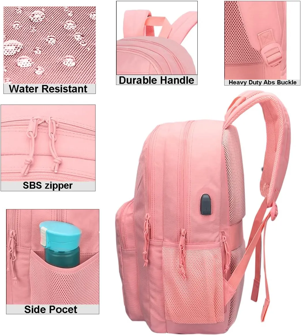 KEOFID Classic Travel backpack for Men and Women, Anti Theft Laptop Backpack with USB Charging Port for Work, Large Bag for College, Water Resistent(Bright Pink)