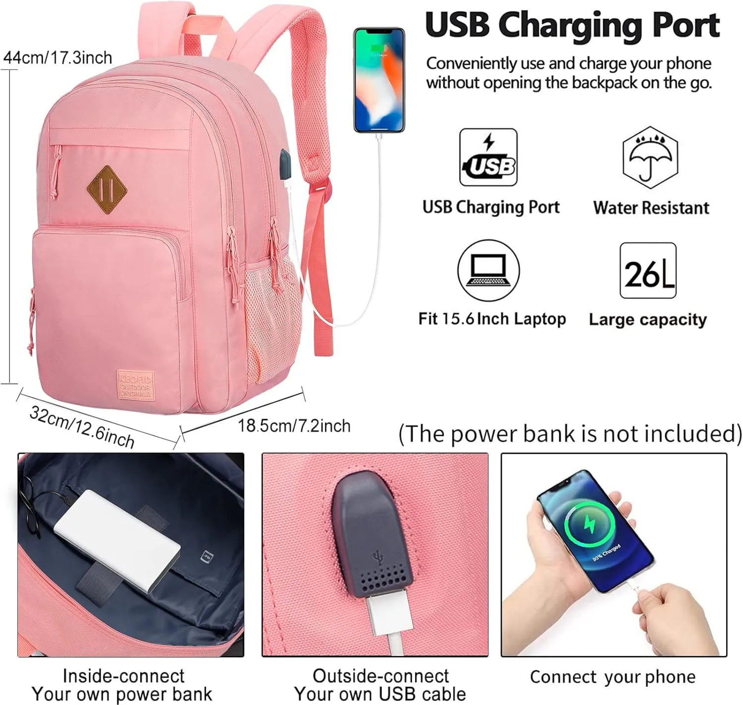 KEOFID Classic Travel backpack for Men and Women, Anti Theft Laptop Backpack with USB Charging Port for Work, Large Bag for College, Water Resistent(Bright Pink)