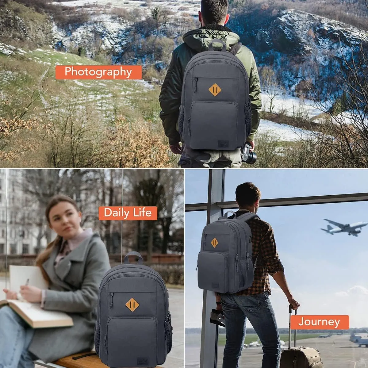 KEOFID Classic Travel backpack for Men and Women, Anti Theft Laptop Backpack with USB Charging Port for Work, Large Bag for College, Water Resistent(Grey)