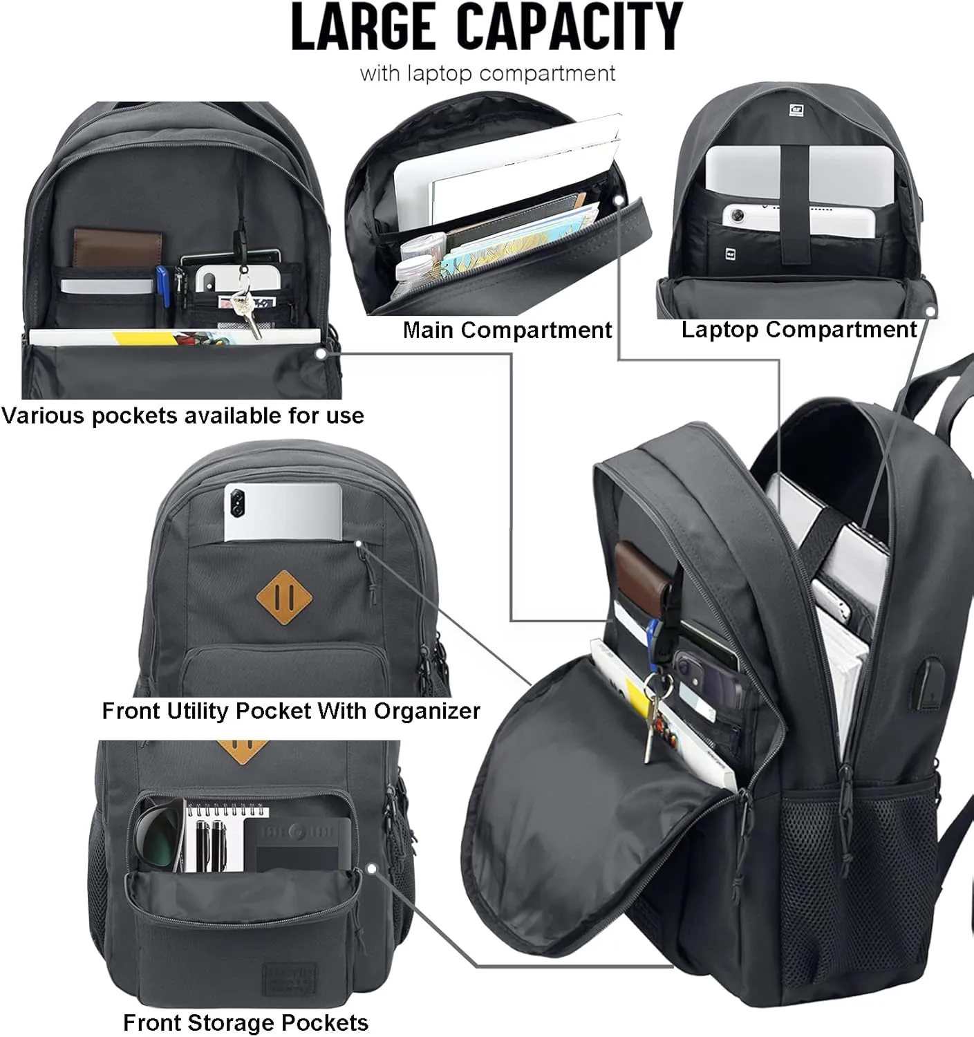KEOFID Classic Travel backpack for Men and Women, Anti Theft Laptop Backpack with USB Charging Port for Work, Large Bag for College, Water Resistent(Grey)