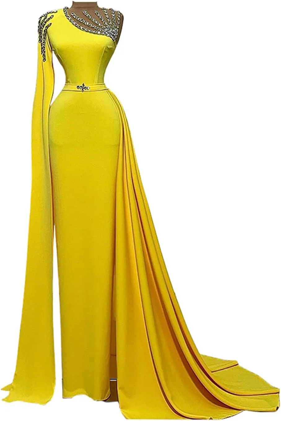 Keting Yellow Satin Crystals Mermaid Prom Evening Shower Party Dress Celebrity Pageant Gown