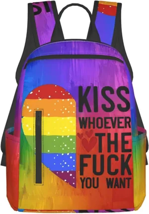 Kiss Whoever The Fuck You Want LGBT Rainbow Gay Pride Heart Travel Laptop Backpack Casual Backpacks Double Shoulder Daypack Notebook Rucksack Work Bags Sports Bag for Hiking Camping Beach