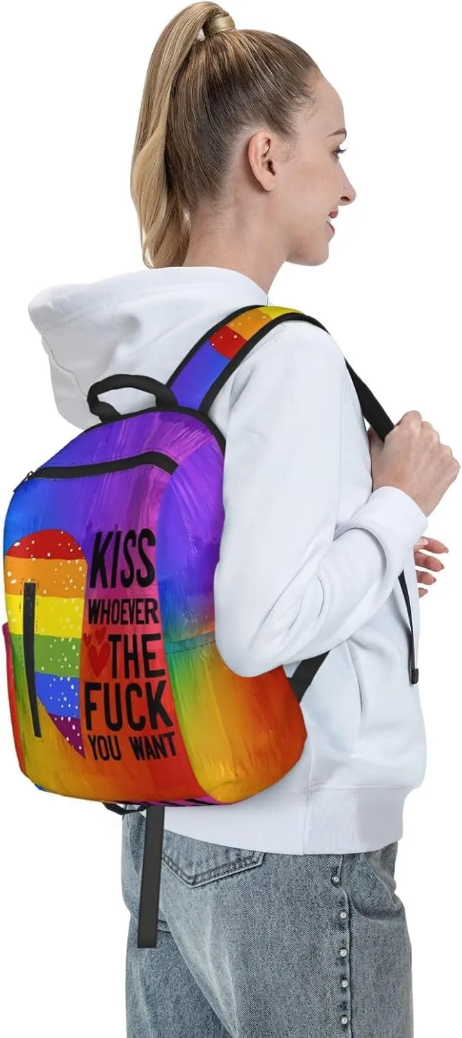 Kiss Whoever The Fuck You Want LGBT Rainbow Gay Pride Heart Travel Laptop Backpack Casual Backpacks Double Shoulder Daypack Notebook Rucksack Work Bags Sports Bag for Hiking Camping Beach