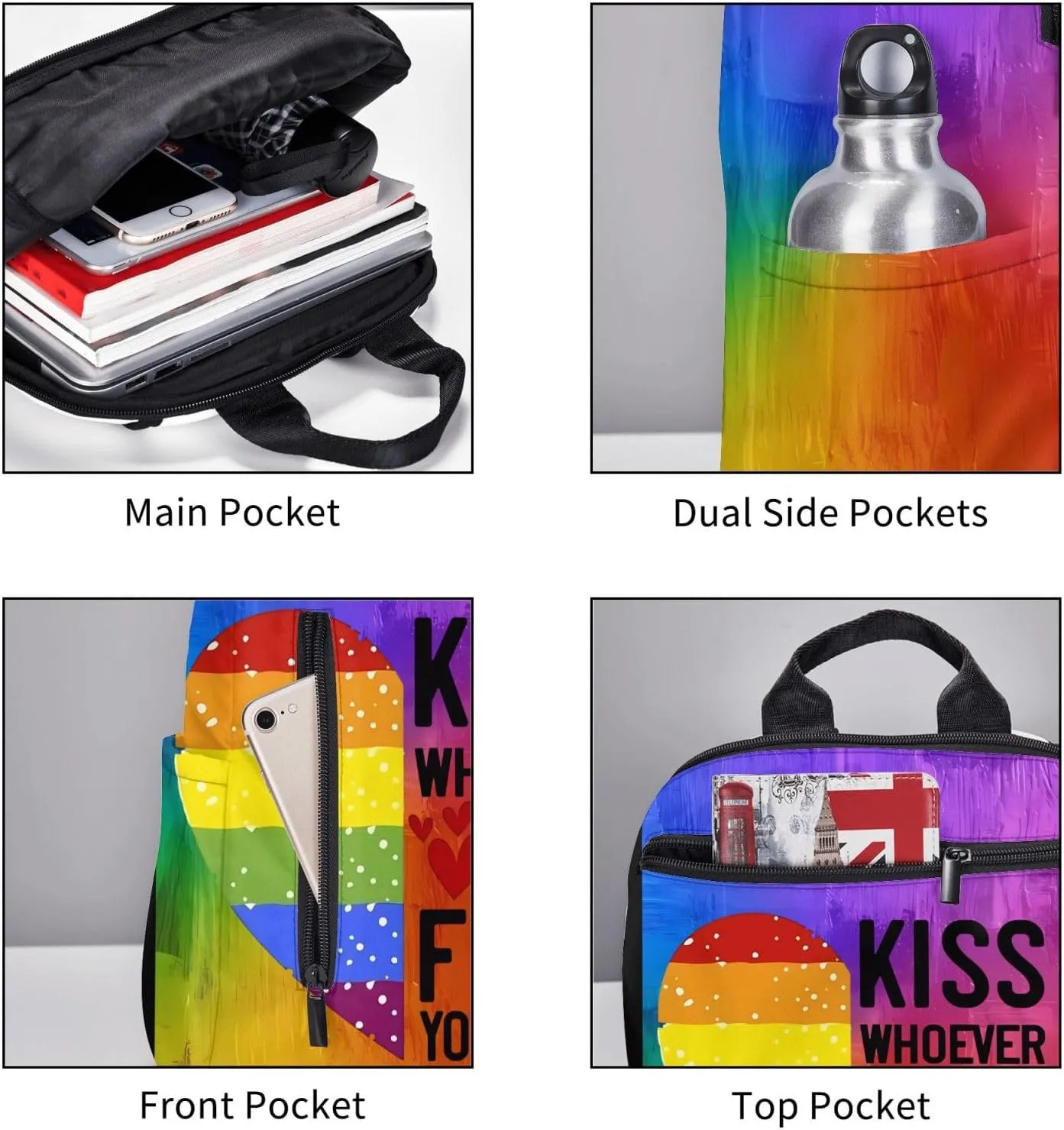 Kiss Whoever The Fuck You Want LGBT Rainbow Gay Pride Heart Travel Laptop Backpack Casual Backpacks Double Shoulder Daypack Notebook Rucksack Work Bags Sports Bag for Hiking Camping Beach