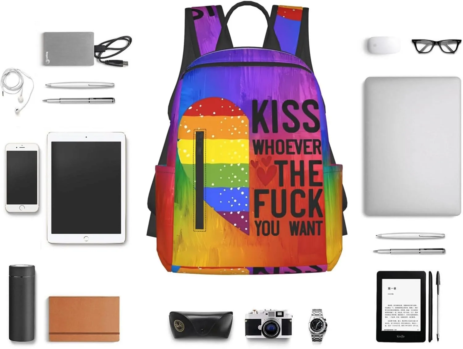 Kiss Whoever The Fuck You Want LGBT Rainbow Gay Pride Heart Travel Laptop Backpack Casual Backpacks Double Shoulder Daypack Notebook Rucksack Work Bags Sports Bag for Hiking Camping Beach
