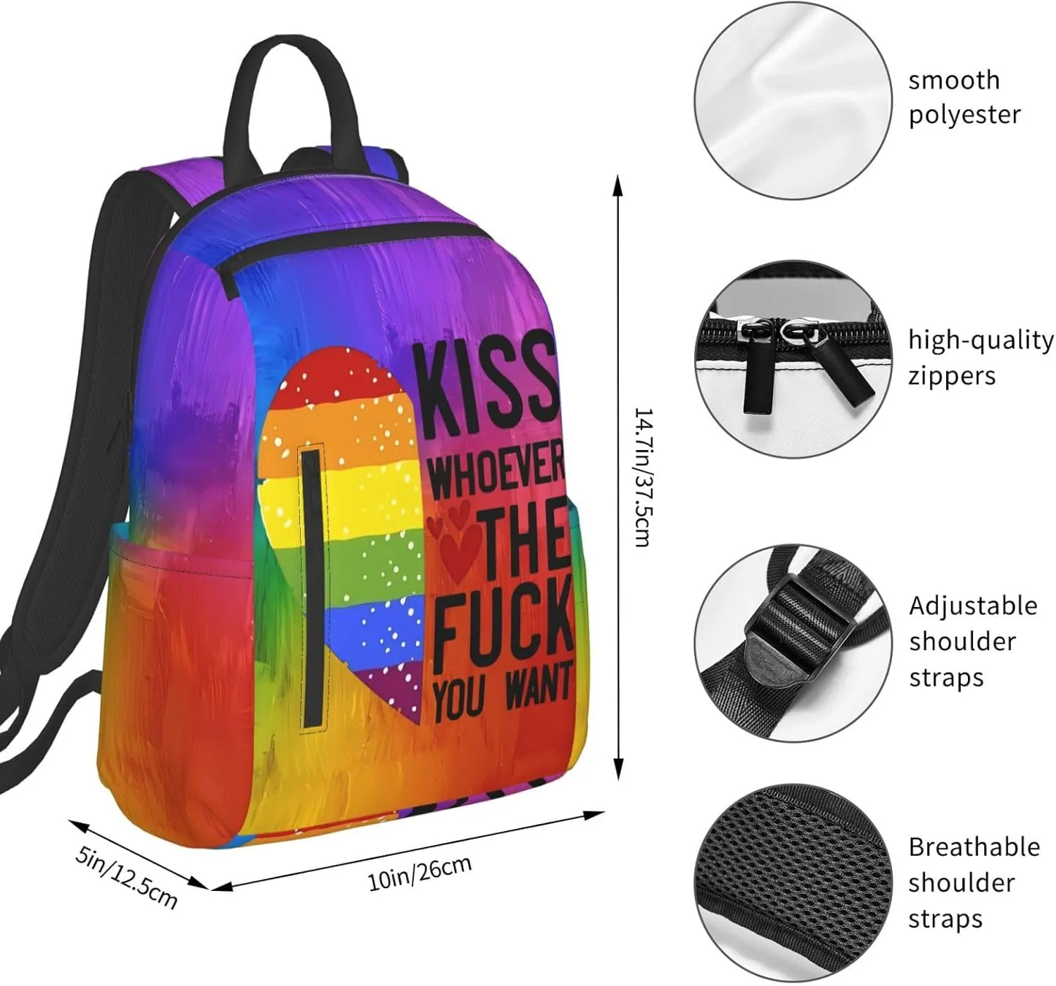 Kiss Whoever The Fuck You Want LGBT Rainbow Gay Pride Heart Travel Laptop Backpack Casual Backpacks Double Shoulder Daypack Notebook Rucksack Work Bags Sports Bag for Hiking Camping Beach