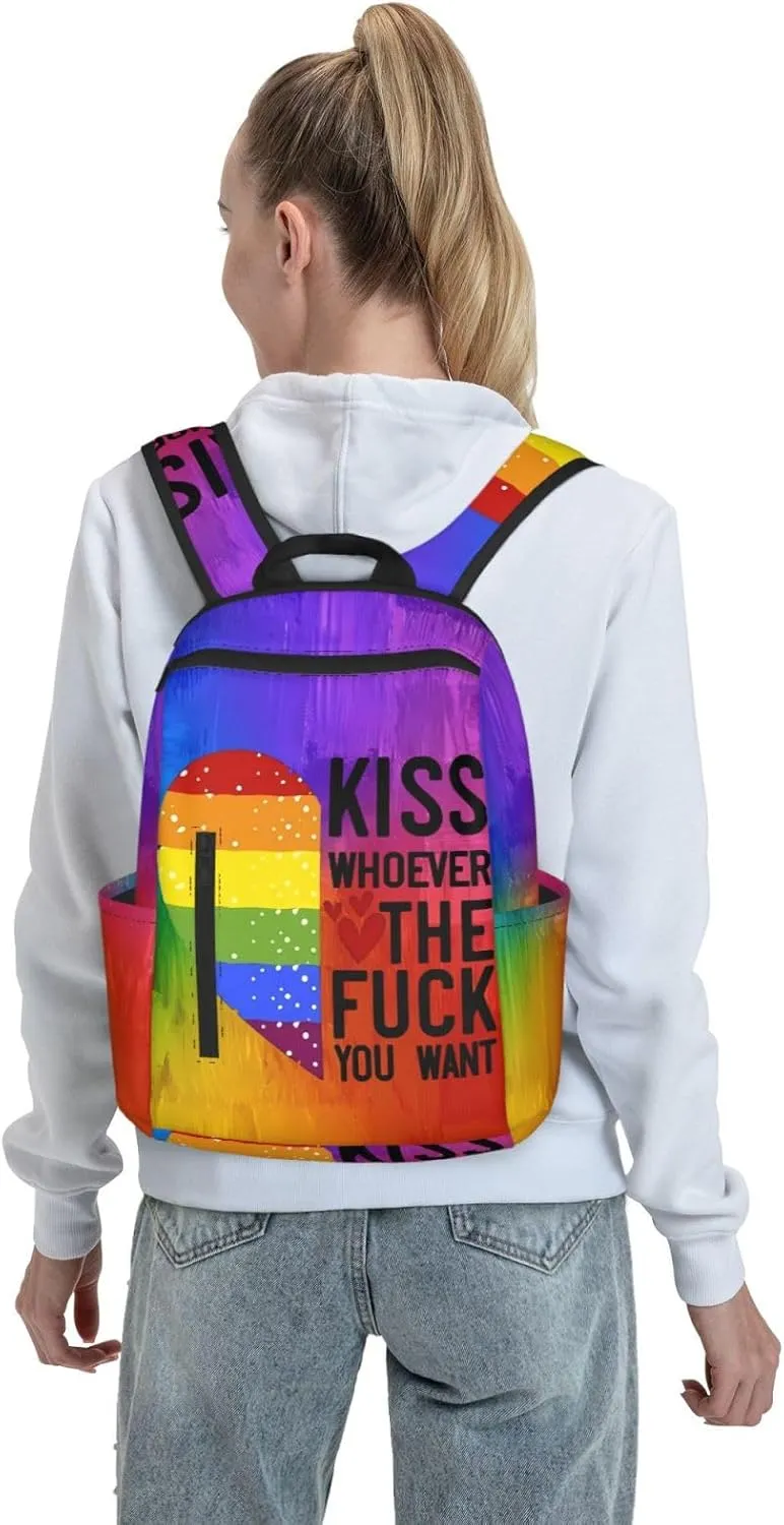 Kiss Whoever The Fuck You Want LGBT Rainbow Gay Pride Heart Travel Laptop Backpack Casual Backpacks Double Shoulder Daypack Notebook Rucksack Work Bags Sports Bag for Hiking Camping Beach