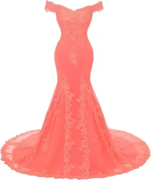 Kivary Off Shoulder Mermaid Long Lace Beaded Prom Dress Corset Evening Gowns