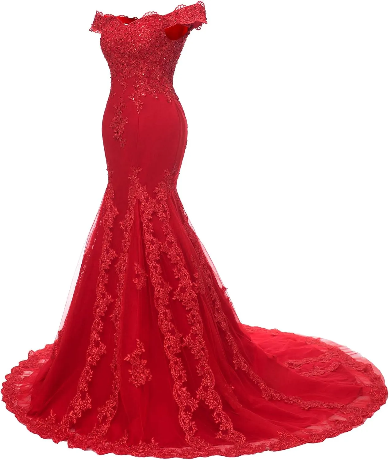 Kivary Off Shoulder Mermaid Long Lace Beaded Prom Dress Corset Evening Gowns