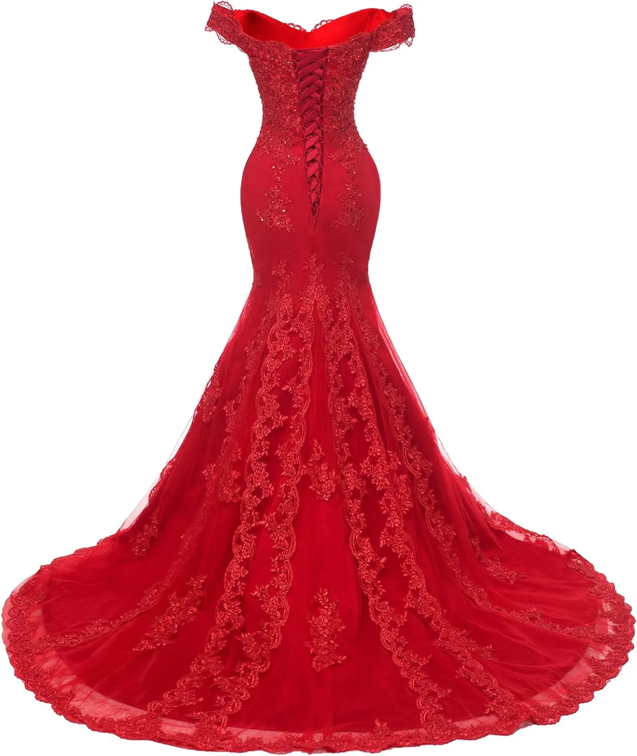 Kivary Off Shoulder Mermaid Long Lace Beaded Prom Dress Corset Evening Gowns