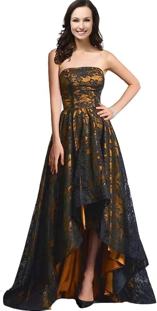 Kivary Strapless Black Lace High Low Long A Line Corset Prom Evening Formal Dresses