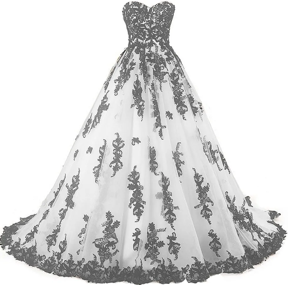 Kivary Vintage Gothic Black Lace Ball Gown Long Prom Dresses Wedding Gowns